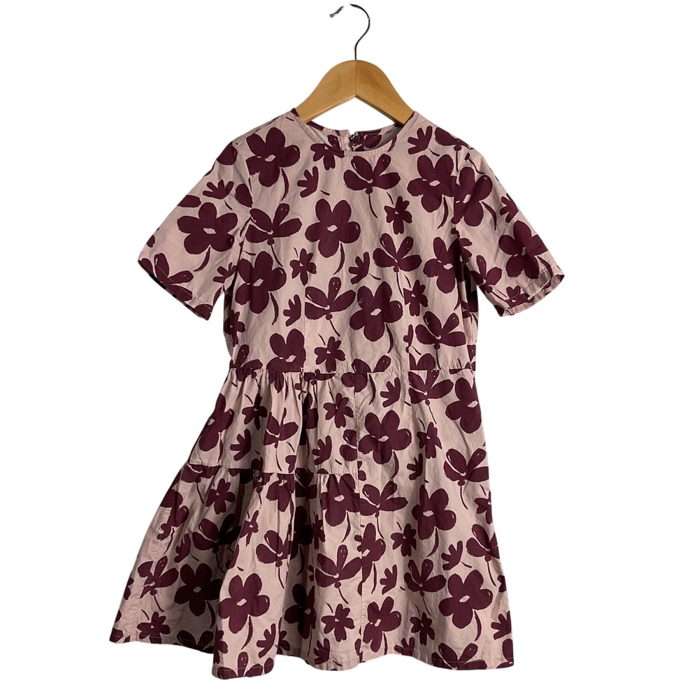 Marni Kids Pink Burgundy Floral Tiered Short Sleeve Dress Pockets 8 designer